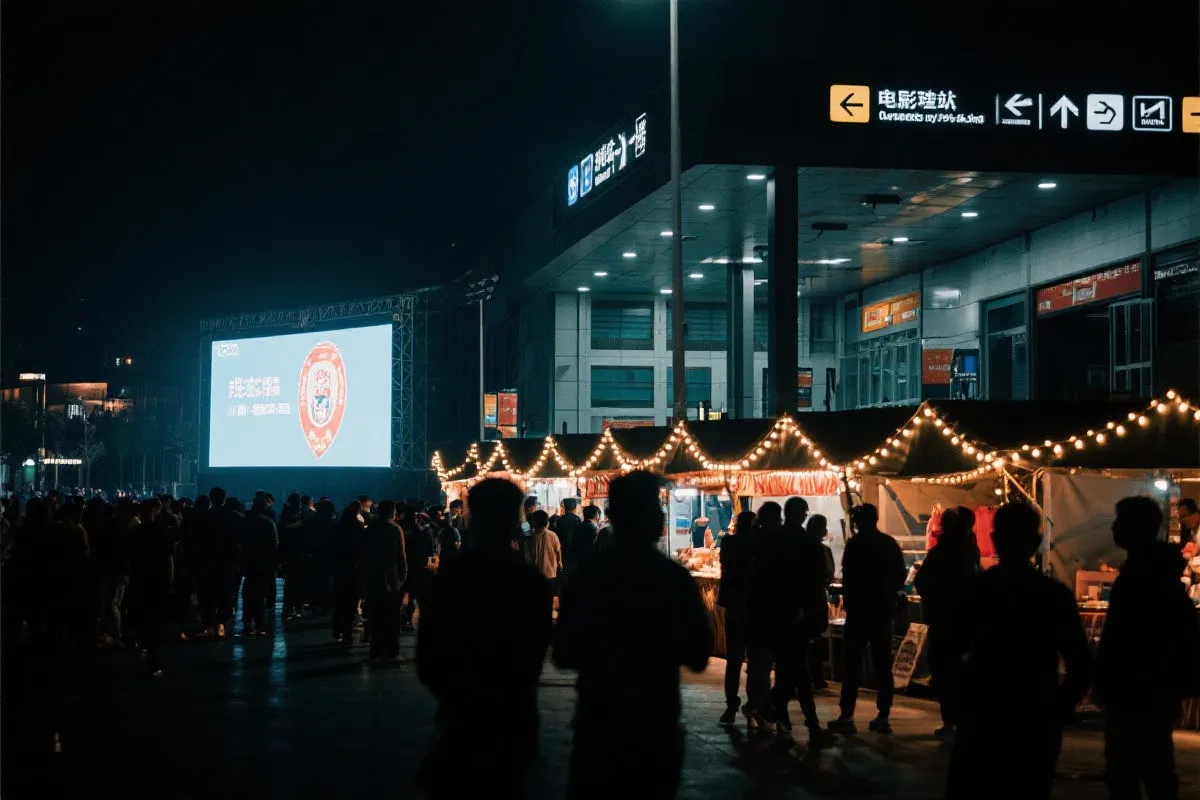 费城球迷广场夜景：大屏观赛人群、步行指示牌与公共交通入口